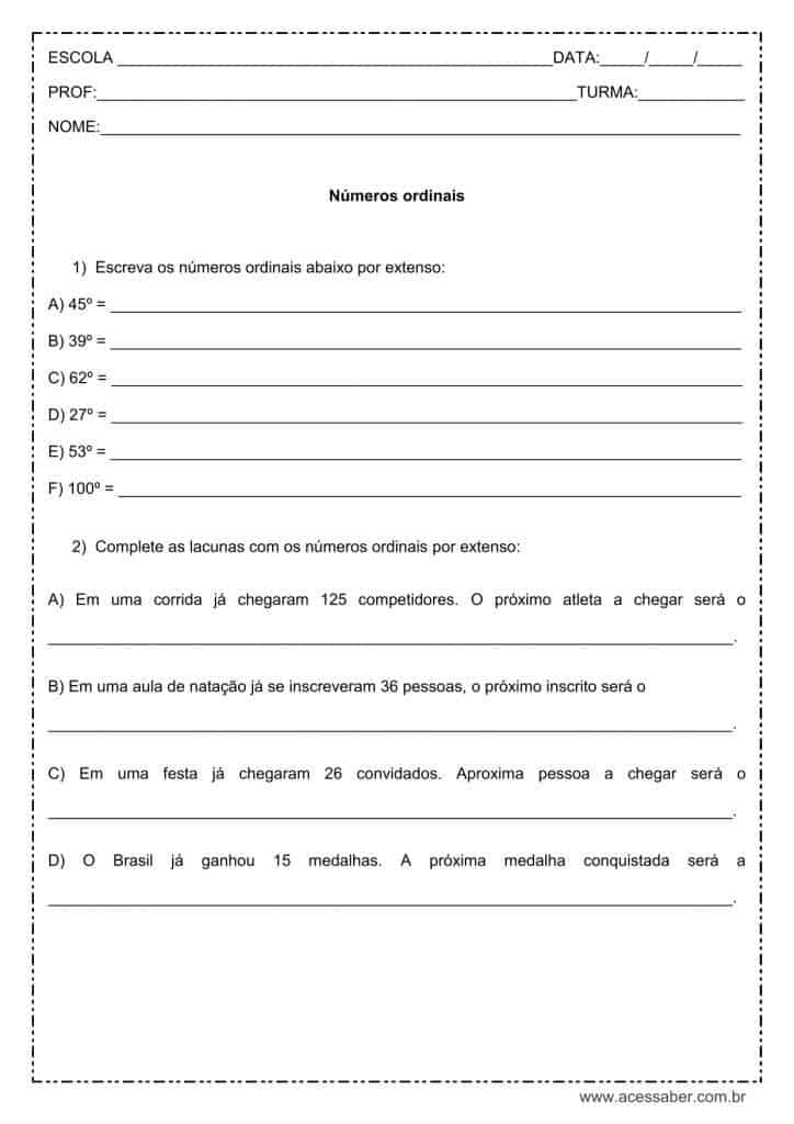 Atividade de matemática: Números ordinais - 4º ano
