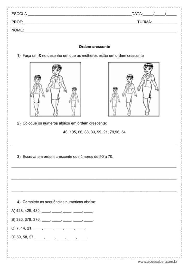 Atividade de matemática: Ordem crescente - 4º ano