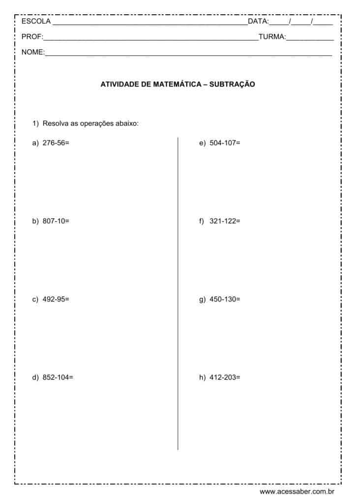 Atividade de Matematica Problemas de Subtracao 2 Ano e 3 Ano