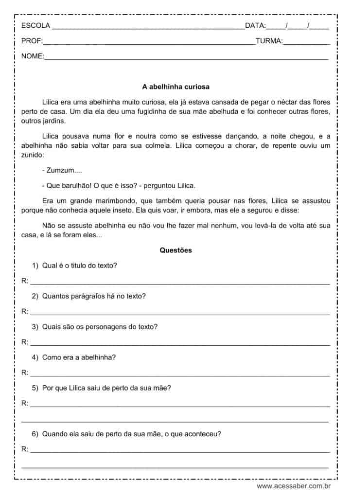 Interpretação de texto: A abelhinha curiosa – 4º ou 5º ano atividade de interpretação de texto: A abelhinha curiosa - 4º ou 5º ano