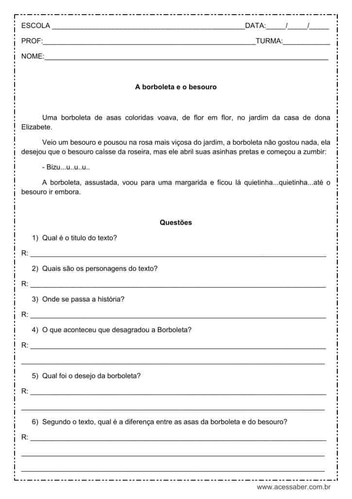 Interpretação de texto: A borboleta e o besouro – 3º ou 4º ano Atividade de interpretação de texto: A borboleta e o besouro - 3º ou 4º ano