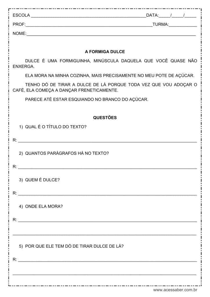 Interpretação de texto: A formiguinha Dulce – 1º ou 2º ano atividade de interpretação de texto: A formiguinha Dulce - 1º ou 2º ano