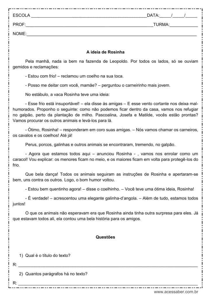 Interpretação de texto: A ideia de Rosinha – 5º ou 6º ano Interpretação de texto: A ideia de Rosinha - 5º ou 6º ano