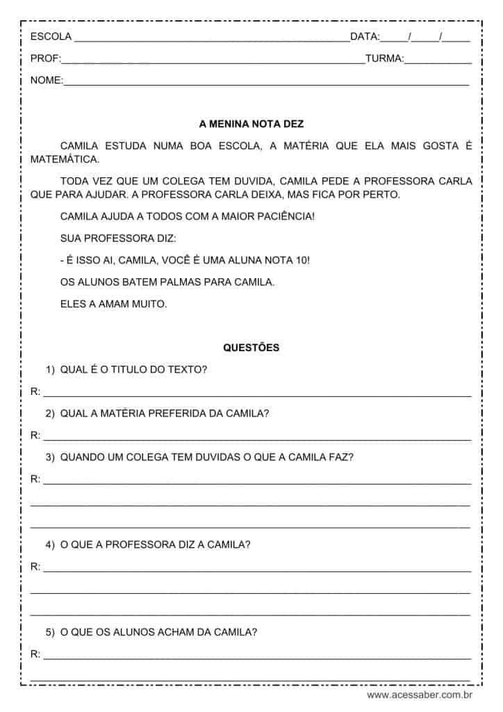 atividade de interpretação de texto: A menina nota dez - 2º ou 3º ano