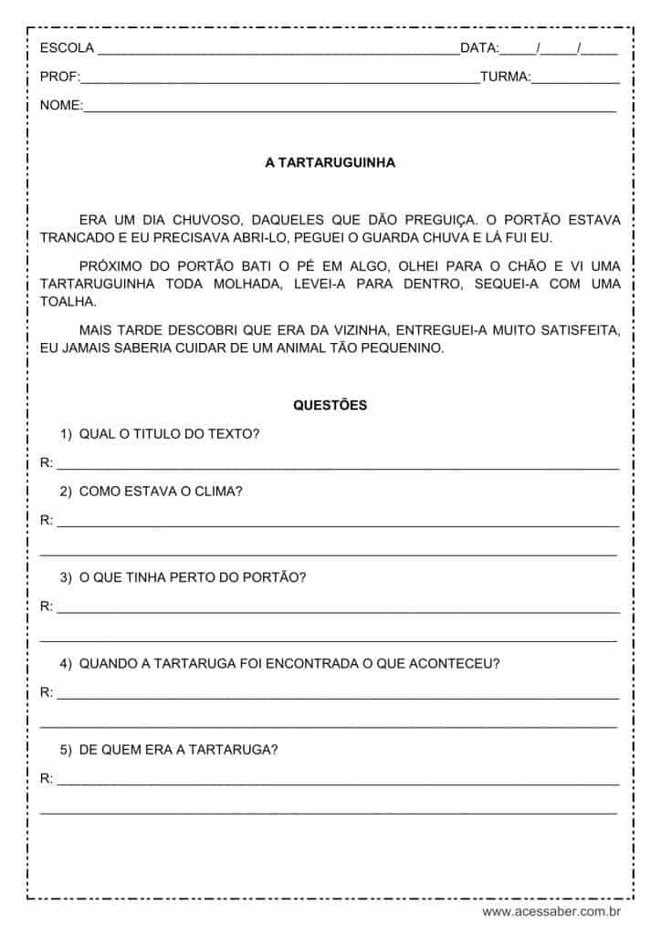 Interpretação de texto: A tartaruguinha – 2º ou 3º ano atividade de interpretação de texto: A tartaruguinha - 2º ou 3º ano