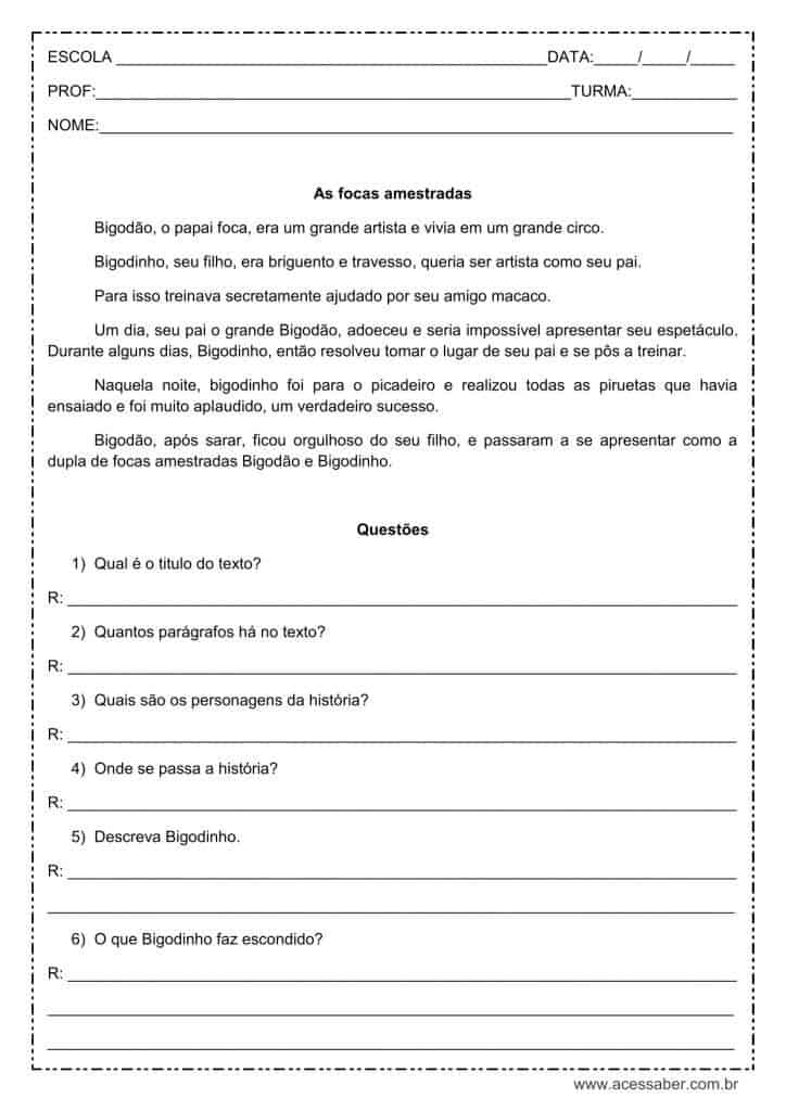 Interpretação de texto: As focas amestradas - 3º ou 4º ano