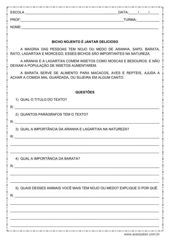 Interpretação de texto: Bicho nojento é jantar delicioso – 3º ou 4º ano Interpretação de texto: Bicho nojento é jantar delicioso - 3º ou 4º ano