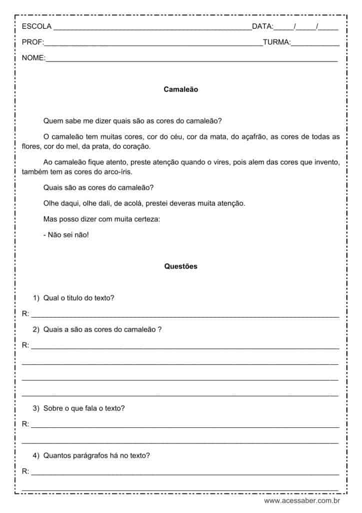 Interpretação de texto: Camaleão – 3º ou 4º ano Interpretação de texto: Camaleão - 3º ou 4º ano