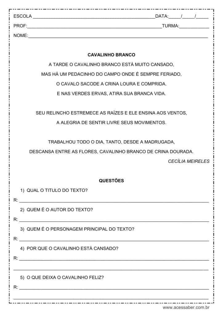 atividade de interpretação de texto: Cavalinho branco - 2º ou 3º ano