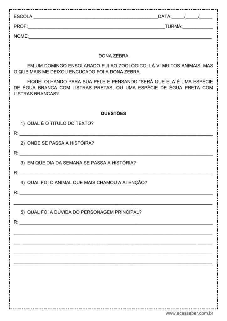 Interpretação de texto: Dona Zebra – 2º ou 3º ano atividade de interpretação de texto: Dona Zebra - 2º ou 3º ano
