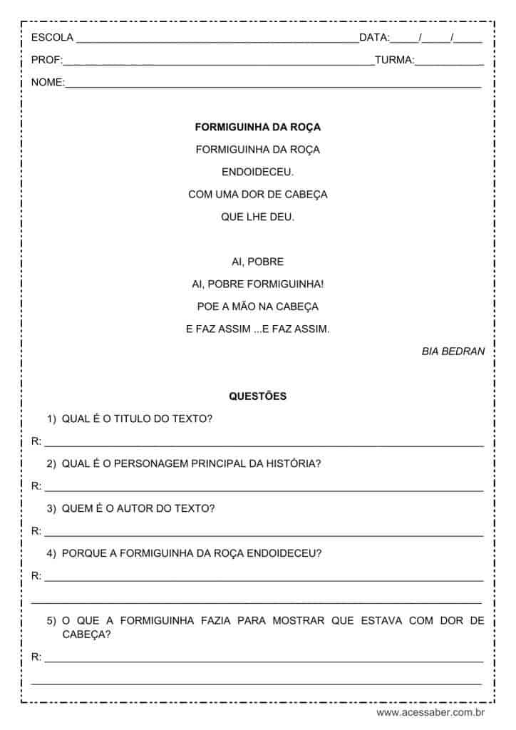 Interpretação de texto: Formiguinha da roça – 1º ou 2º ano atividade de interpretação de texto: Formiguinha da roça - 1º ou 2º ano