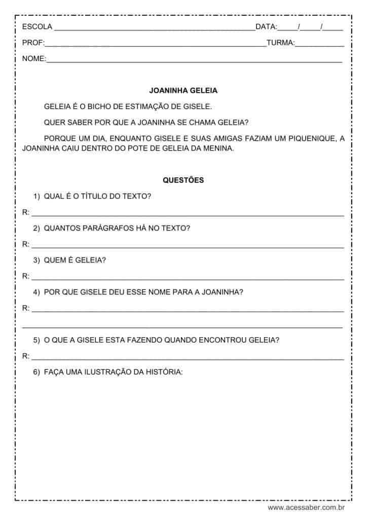 Interpretação de texto: Joaninha Geleia – 1º ou 2º ano atividade de interpretação de texto: Joaninha Geleia - 1º ou 2º ano