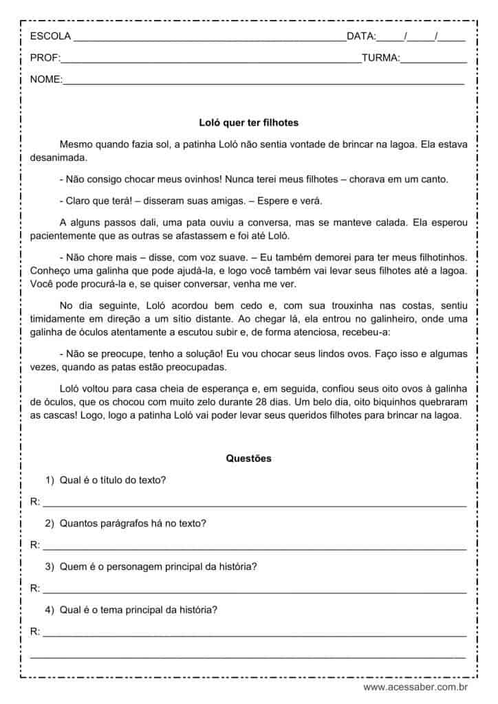 Interpretação de texto: Loló quer ter filhotes – 4º ou 5º ano Interpretação de texto: Loló quer ter filhotes - 4º ou 5º ano