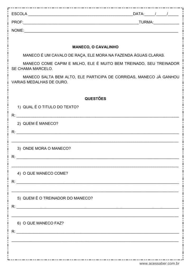 Interpretação de texto: Maneco, o cavalinho – 2º ou 3º ano atividade de interpretação de texto: Maneco, o cavalinho - 2º ou 3º ano