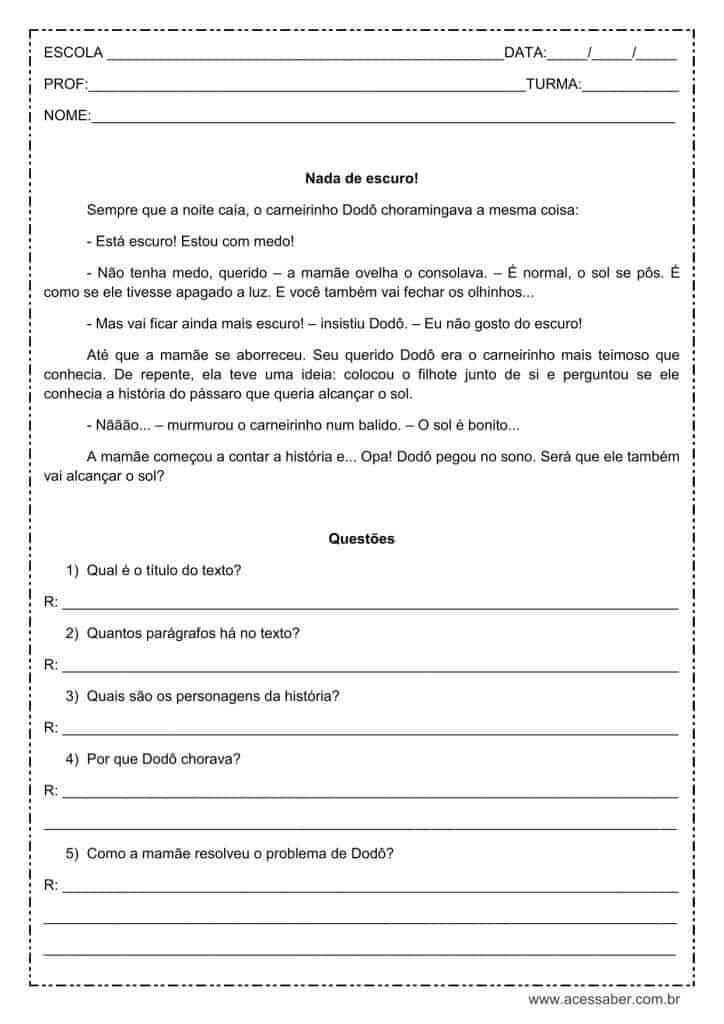 Interpretação de texto: Nada de escuro! – 4º ou 5º ano Interpretação de texto: Nada de escuro! - 4º ou 5º ano