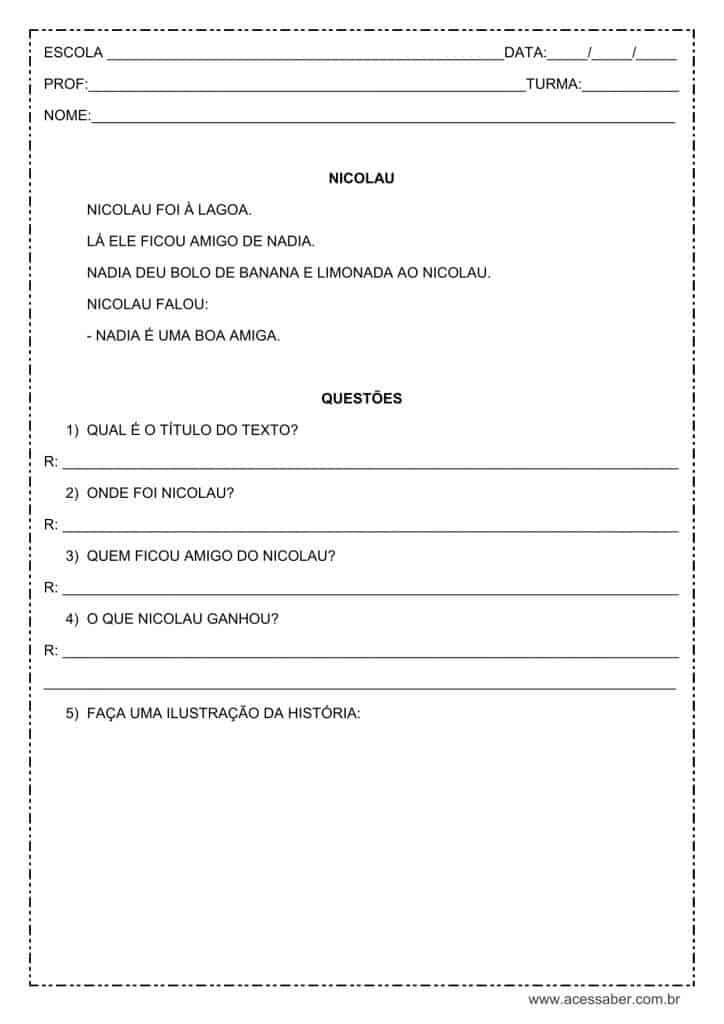Interpretação de texto: Nicolau – 1º ou 2º ano atividade de interpretação de texto: Nicolau - 1º ou 2º ano