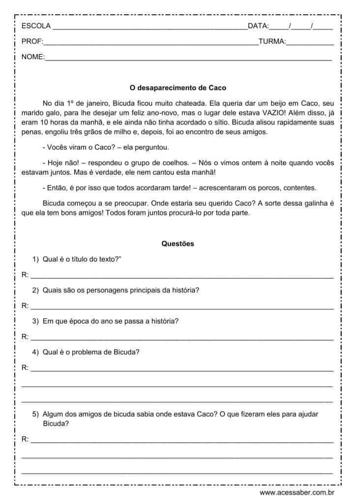 Interpretação de texto: O desaparecimento de Caco – 4º ou 5º ano Interpretação de texto: O desaparecimento de Caco - 4º ou 5º ano