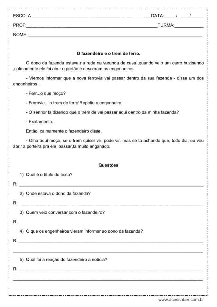 Interpretação de texto: O fazendeiro e o trem de ferro – 3º ou 4º ano Interpretação de texto: O fazendeiro e o trem de ferro - 3º ou 4º ano