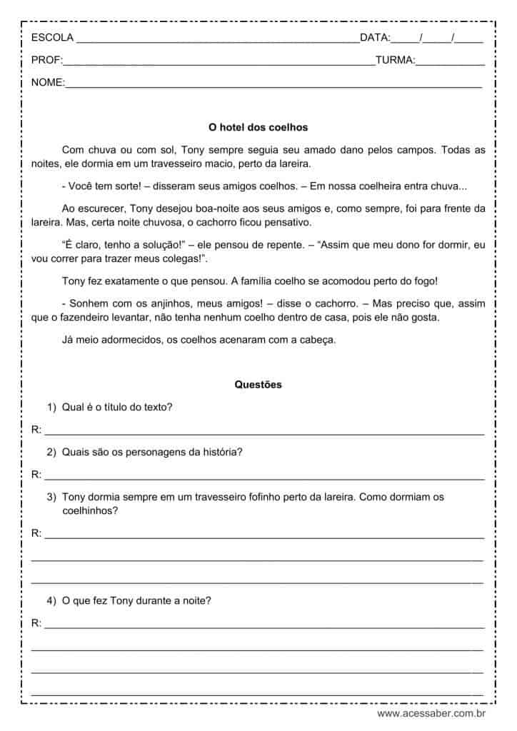 Interpretação de texto: O hotel dos coelhos – 4º ou 5º ano Interpretação de texto: O hotel dos coelhos - 4º ou 5º ano