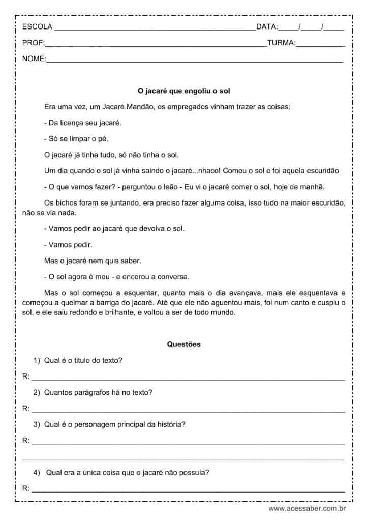 Interpretação de texto: O jacaré que engoliu o sol – 4º ou 5º ano atividade de interpretação de texto: O jacaré que engoliu o sol - 4º ou 5º ano