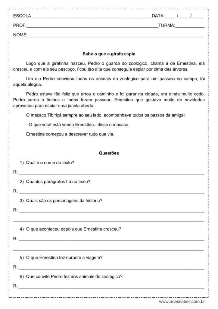 Interpretação de texto: Sabe o que a girafa espia – 2º ou 3º ano Interpretação de texto: Sabe o que a girafa espia - 2º ou 3º ano
