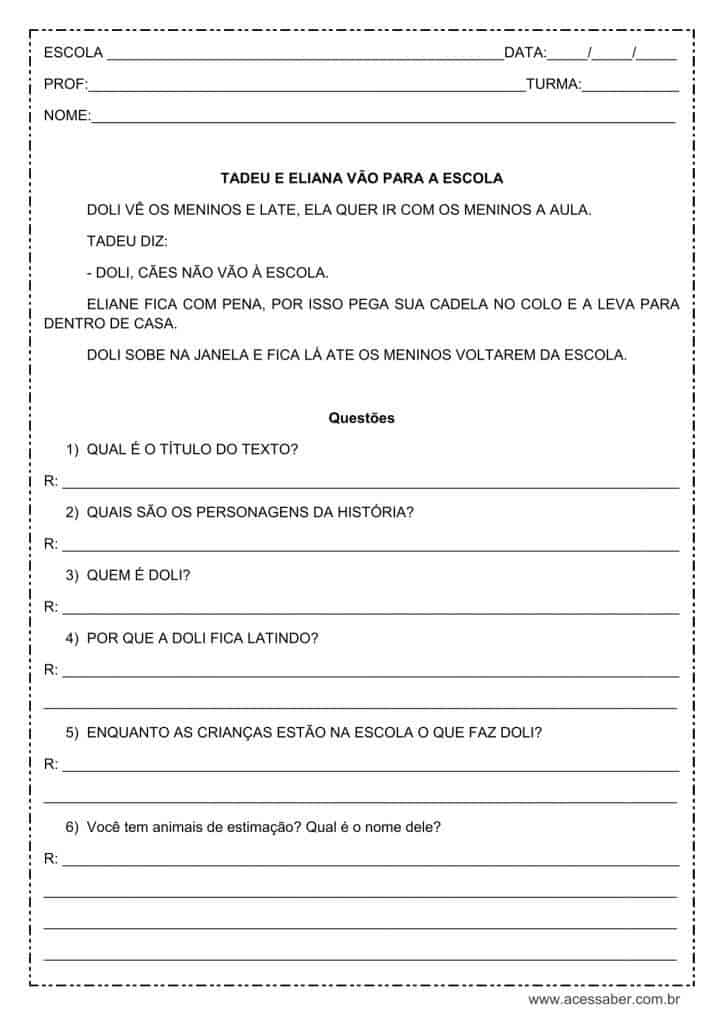 Interpretação de texto: Tadeu e Eliana vão para a escola – 1º ou 2º ano Interpretação de texto: Tadeu e Eliana vão para a escola - 1º ou 2º ano