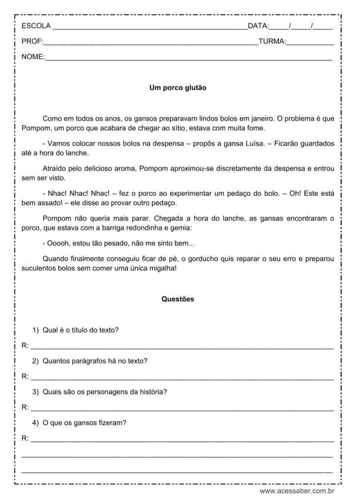 Interpretação de texto: Um porco glutão – 4º ou 5º ano Interpretação de texto: Um porco glutão - 4º ou 5º ano
