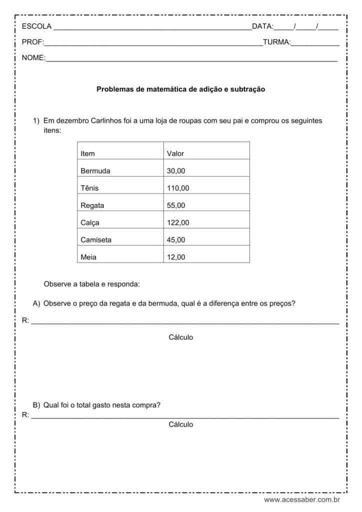 Atividade de matemática: Problemas de adição e subtração - 4º ano