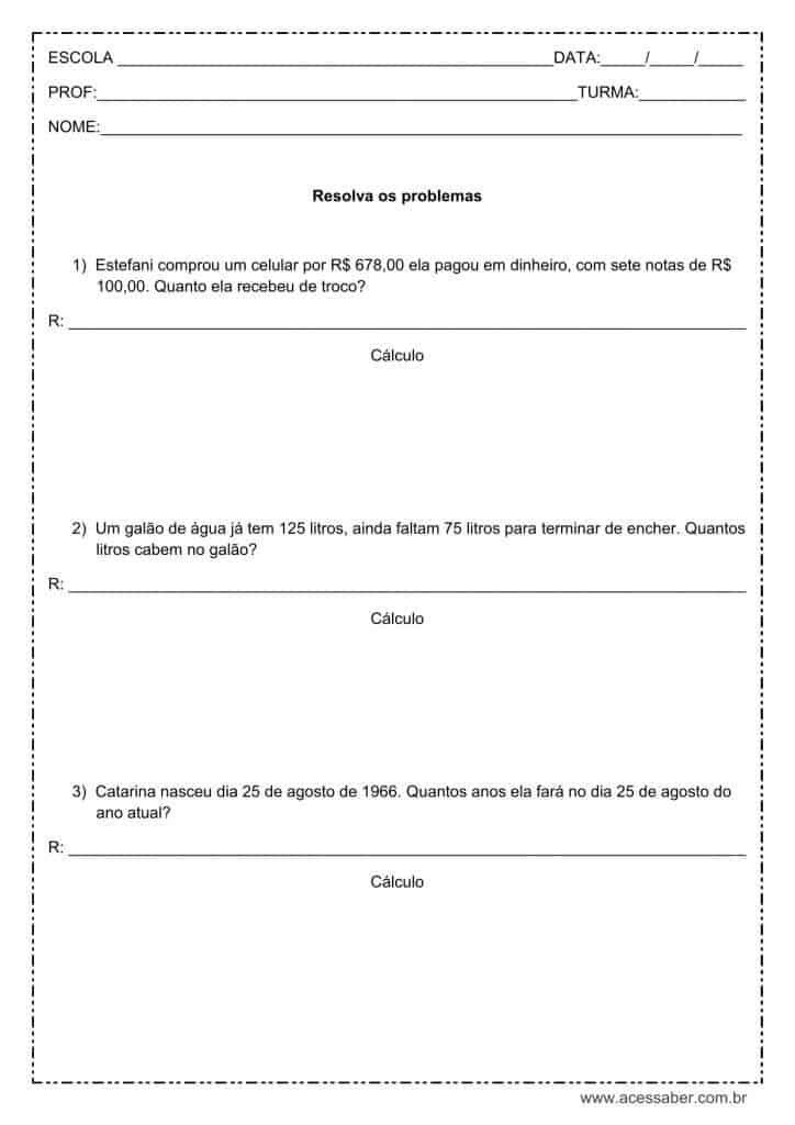 Atividade de matemática: Soma - 3º ano e 4º ano - Acessaber