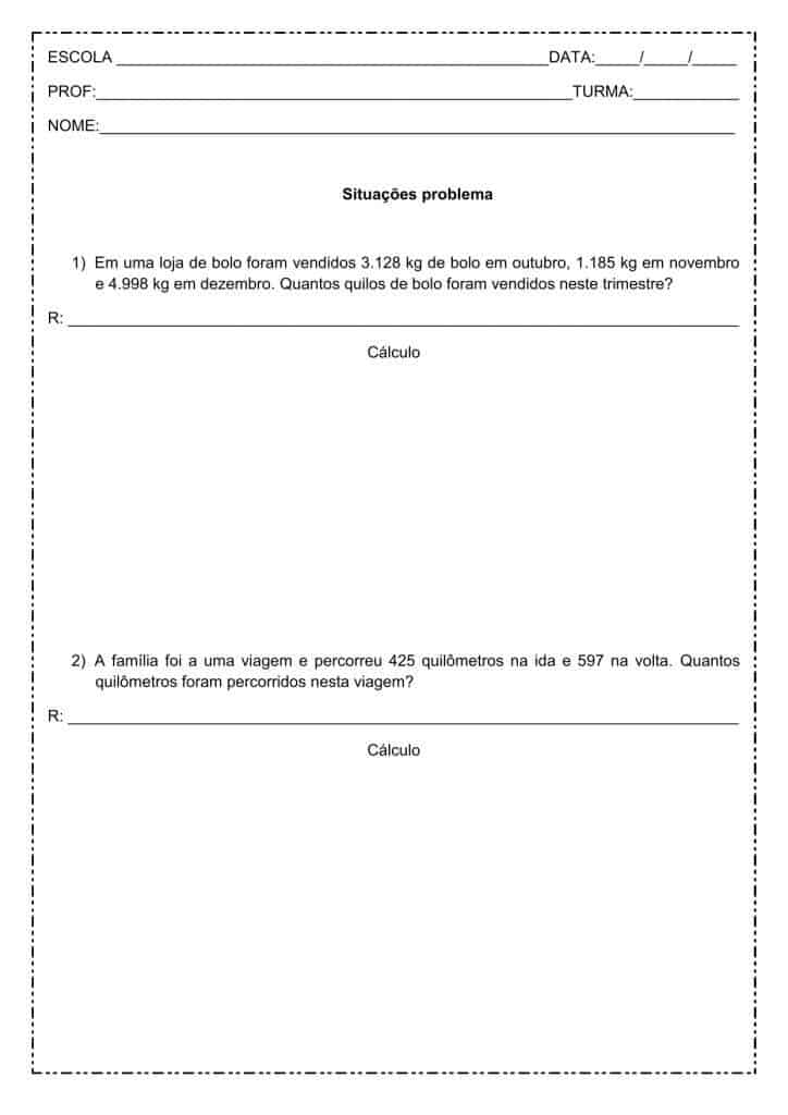 Problemas de matemática: Soma – 4º ano situações problema de matemática: Soma - 4º ano