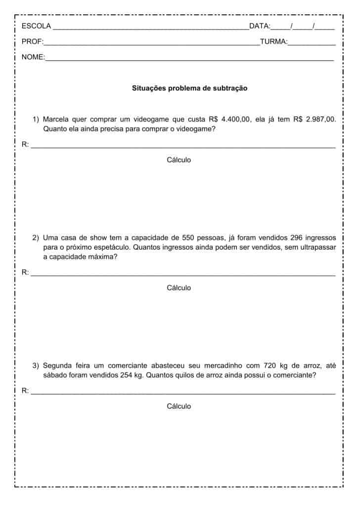 Situações problemas de subtração ano - Recursos de ensino