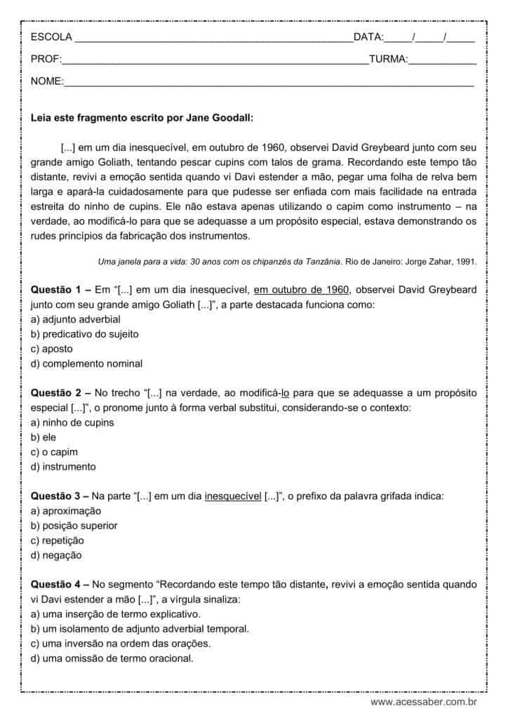 Atividade de português: Adjunto Adverbial - 1º ano do ensino médio