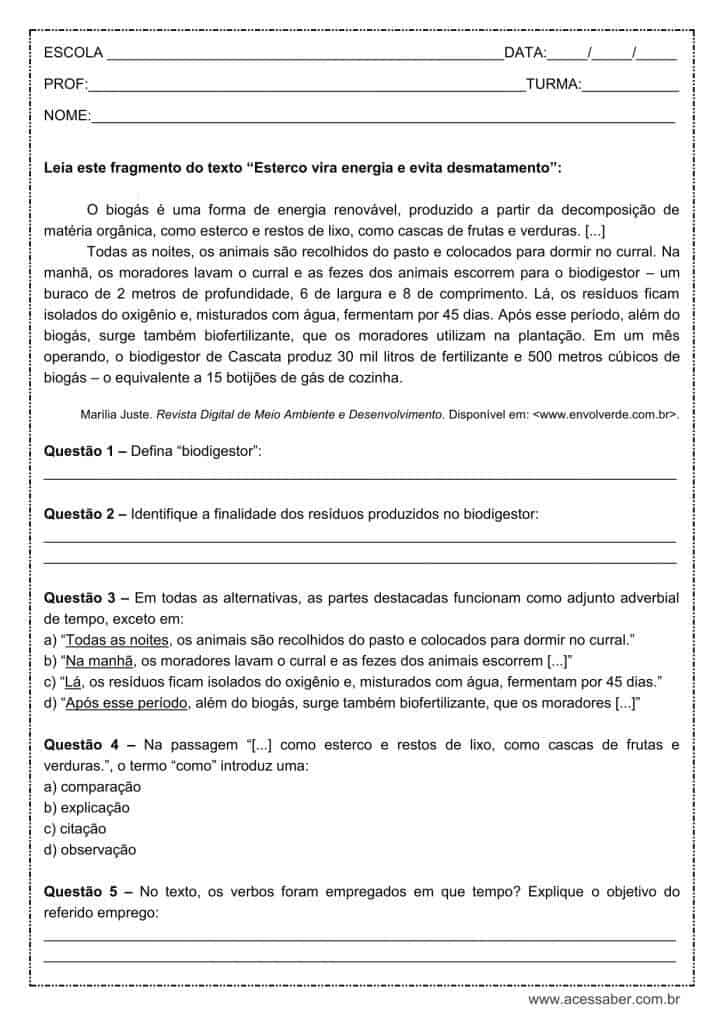 Atividade de português: Adjunto adverbial de tempo – 9º ano Atividade de língua portuguesa: Adjunto adverbial de tempo - 9º ano