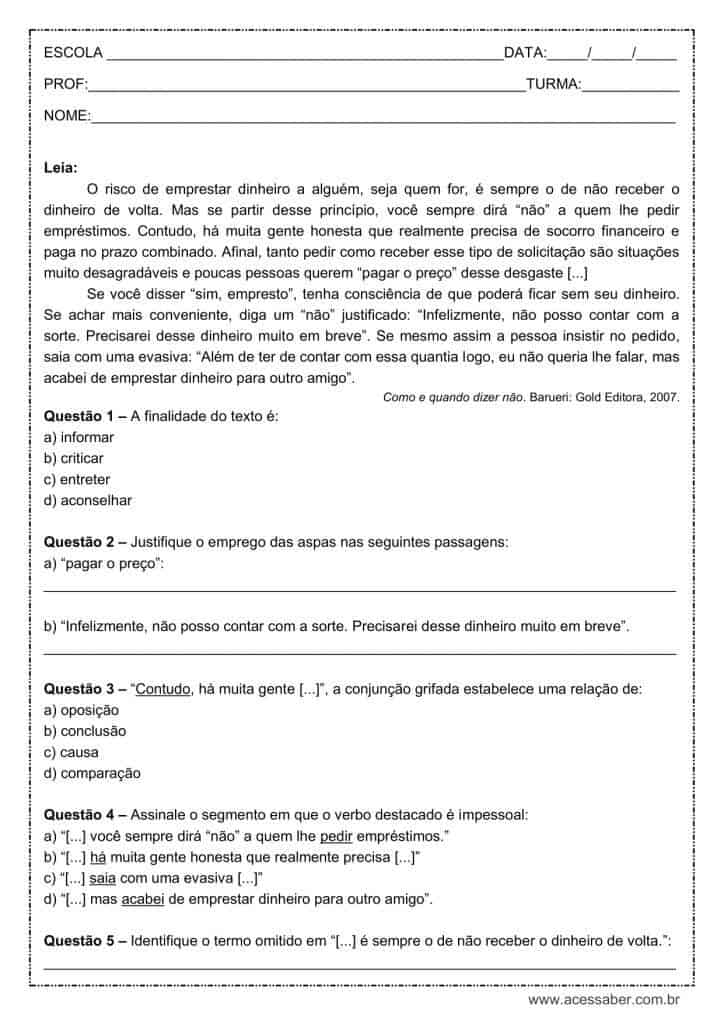 Atividade de língua portuguesa: Aspas - 9º ano