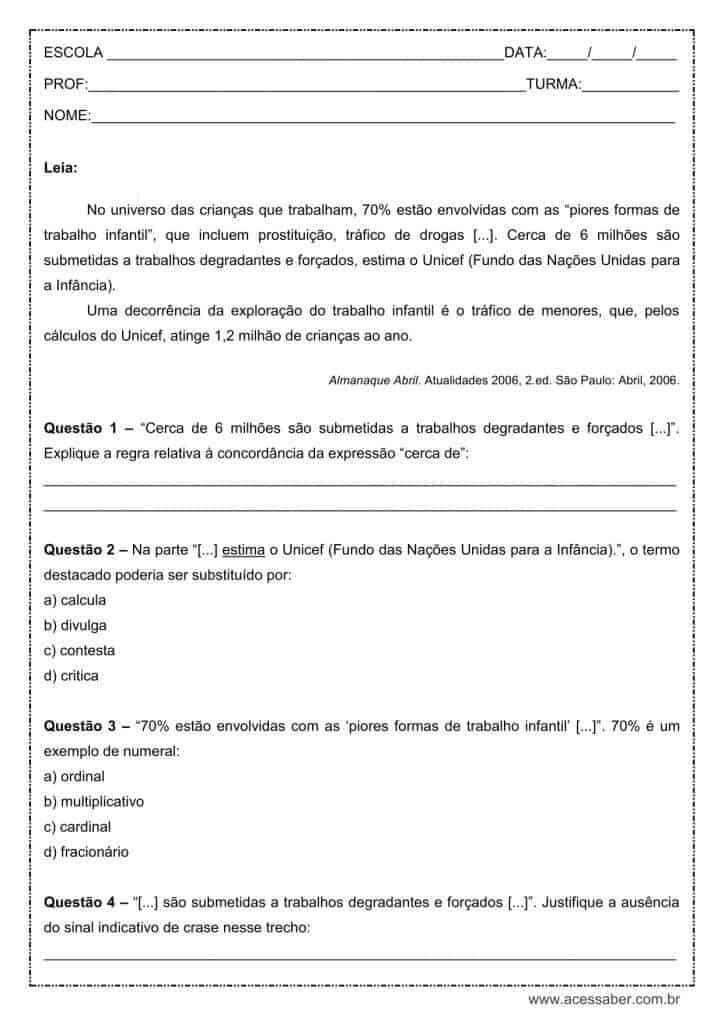 Atividade de português: Concordância, Cerca de – 9º ano Atividade de língua portuguesa: Concordância, Cerca de - 9º ano