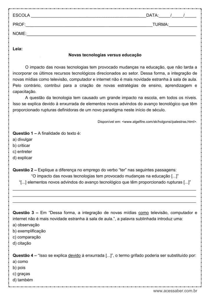Atividade de língua portuguesa: Verbo ter - 9º ano