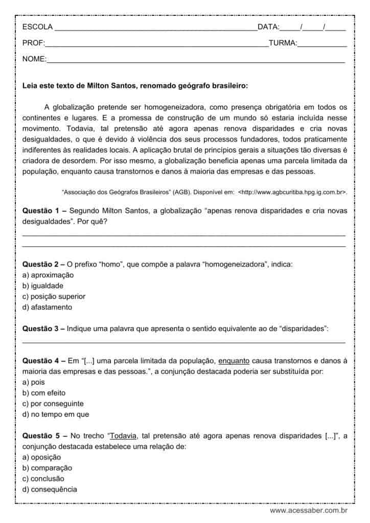 Atividade de língua portuguesa: Conjunções - 8º ano