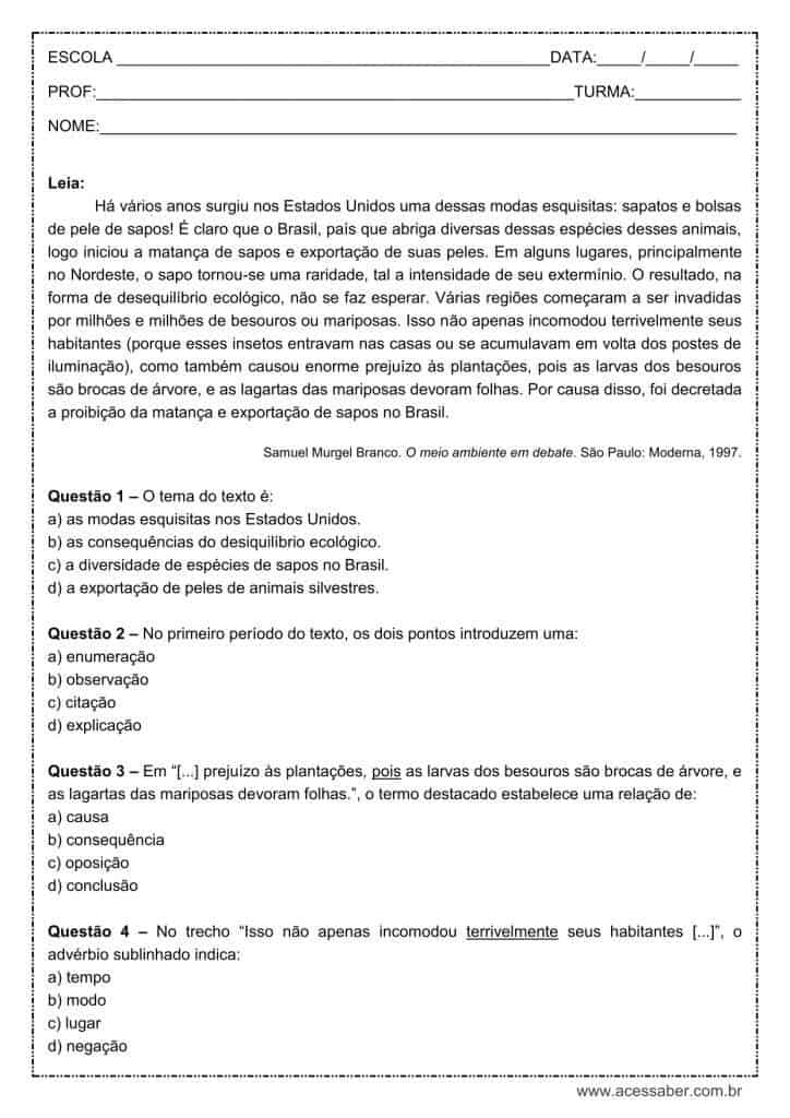 Atividade de língua portuguesa: Dois pontos - 7º ano