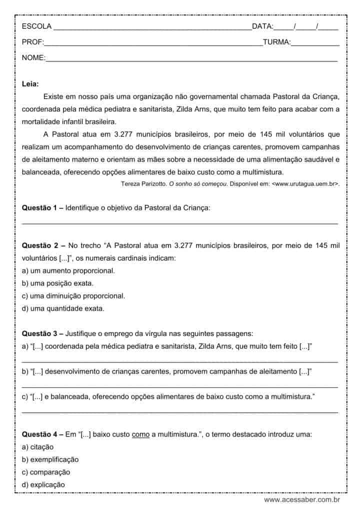 Atividade de português: Numeral cardinal – 8º ano Atividade de língua portuguesa: Numeral cardinal - 8º ano