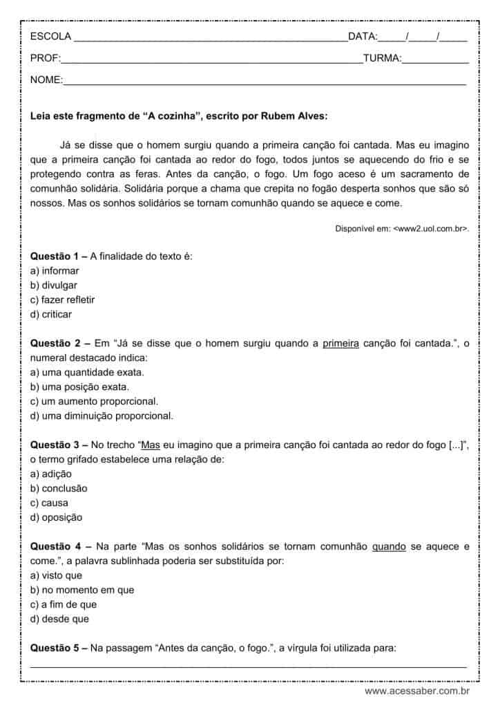 Atividade de língua portuguesa: Numeral Ordinal - 9º ano