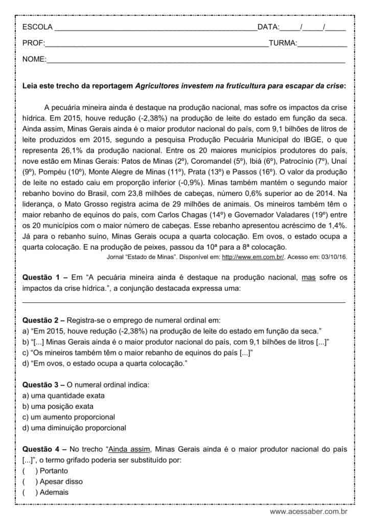 Atividade de português: Numeral ordinal – 8º ano Atividade de português: Numeral ordinal - 8º ano