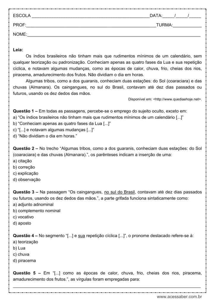 Atividade de língua portuguesa: Parênteses - 9º ano