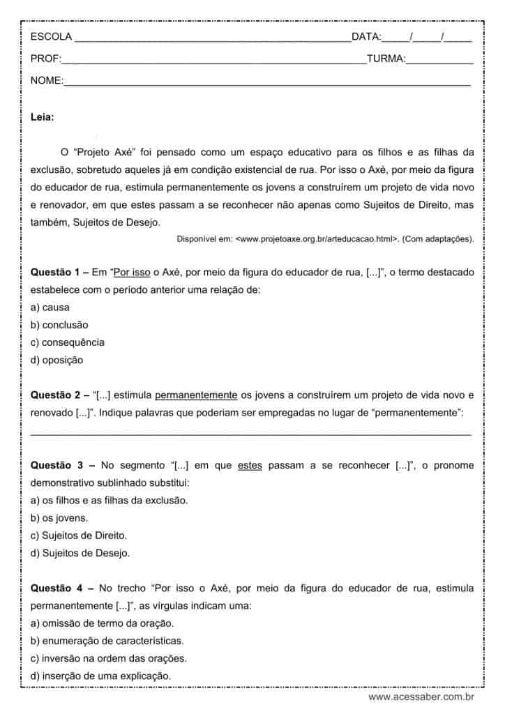 Atividade de português: Pronome demonstrativo – 9º ano Atividade de português: Pronome demonstrativo - 9º ano