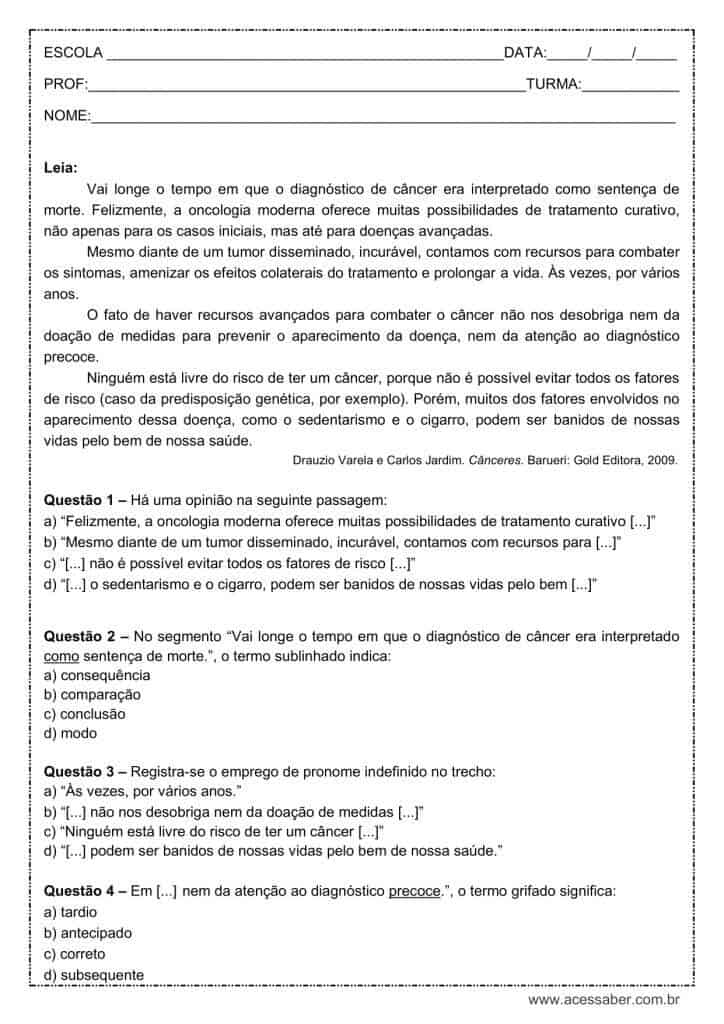 Atividade de português: Pronome indefinido – 8º ano Atividade de língua portuguesa: Pronome indefinido - 8º ano
