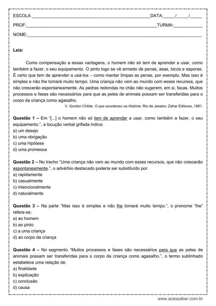 Atividade de português: Pronome lhe - 8º ano