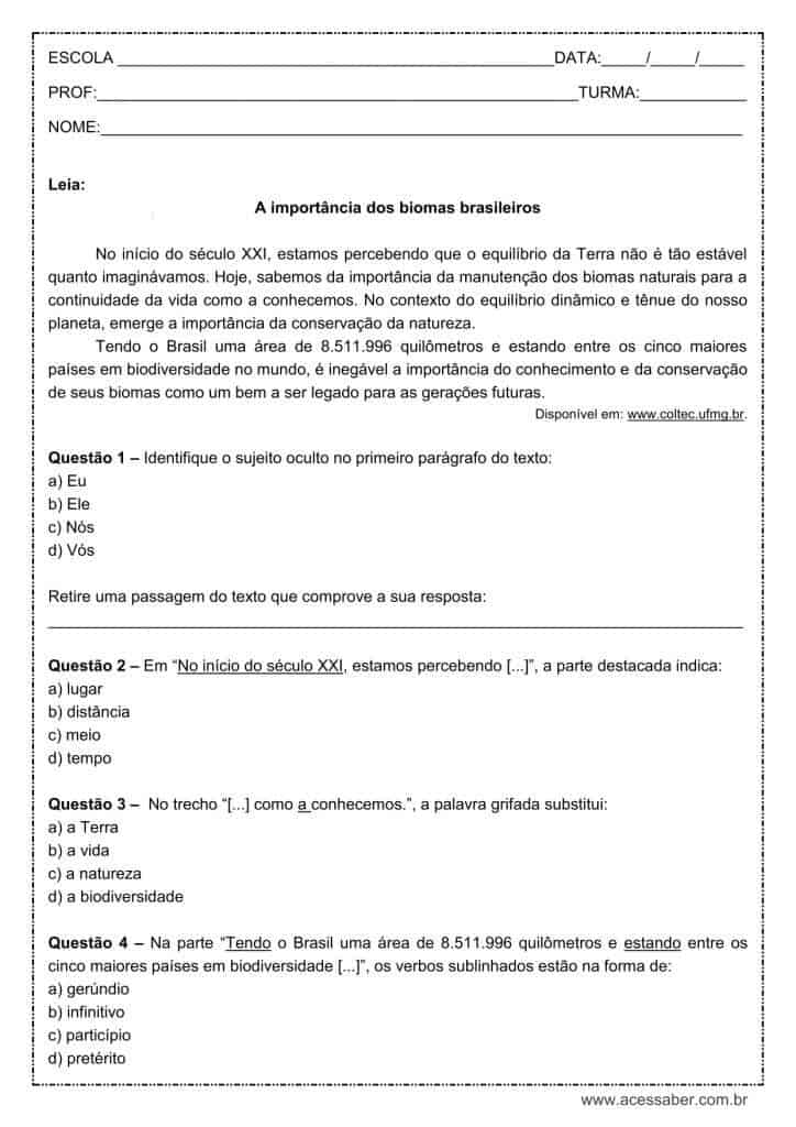 Atividade de português: Sujeito Oculto - 7º ano