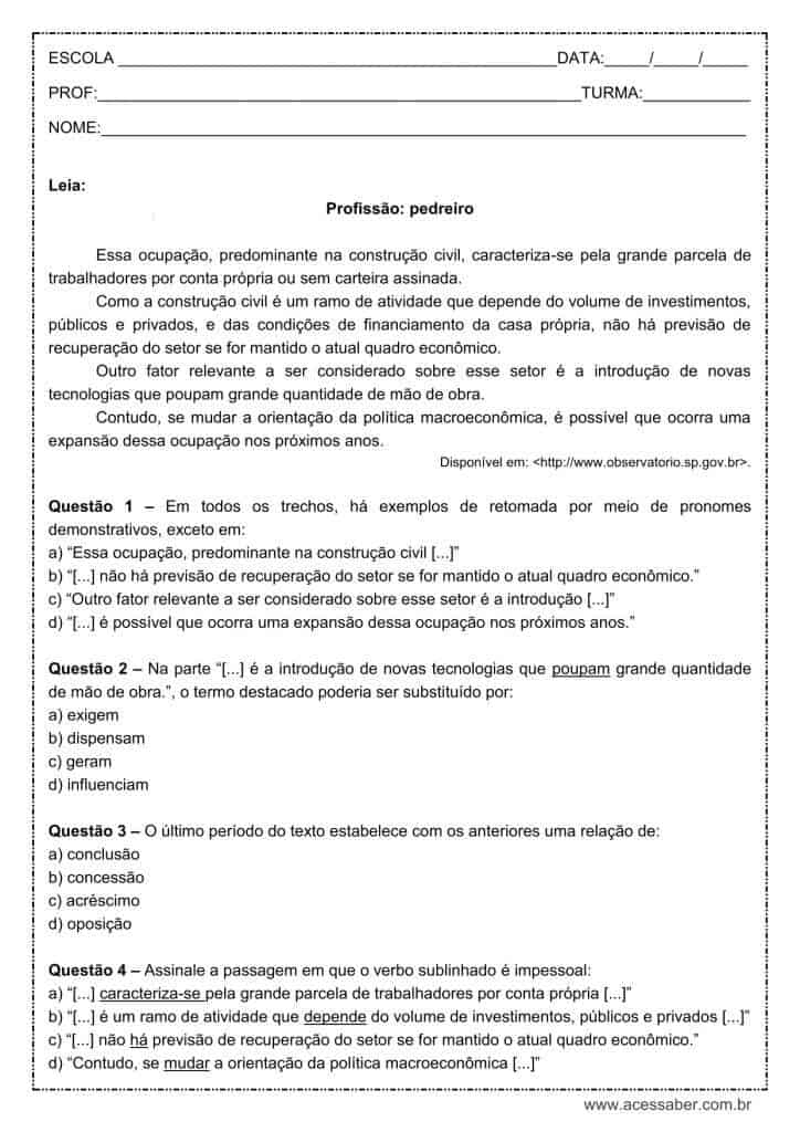 Atividade de português: Pronomes demonstrativos – 9º ano Atividade de língua portuguesa: Pronomes demonstrativos - 9º ano