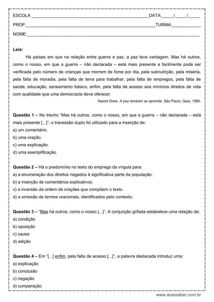 Atividade de língua portuguesa: Travessão duplo - 8º ano