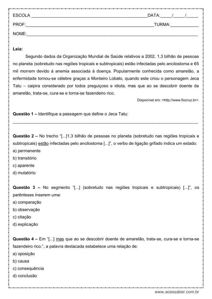 Atividade de português: Verbo de ligação – 8º ano Atividade de língua portuguesa: Verbo de ligação - 8º ano