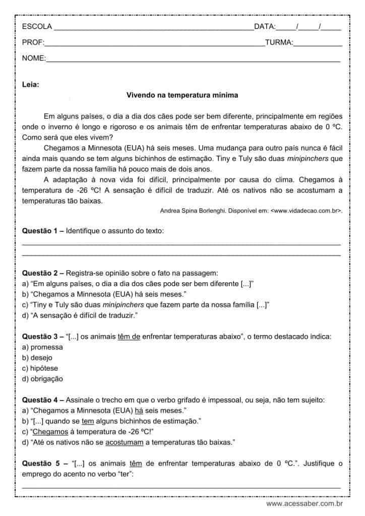 Atividade de português: Verbo impessoal – 9º ano Atividade de língua portuguesa: Verbo impessoal - 9º ano